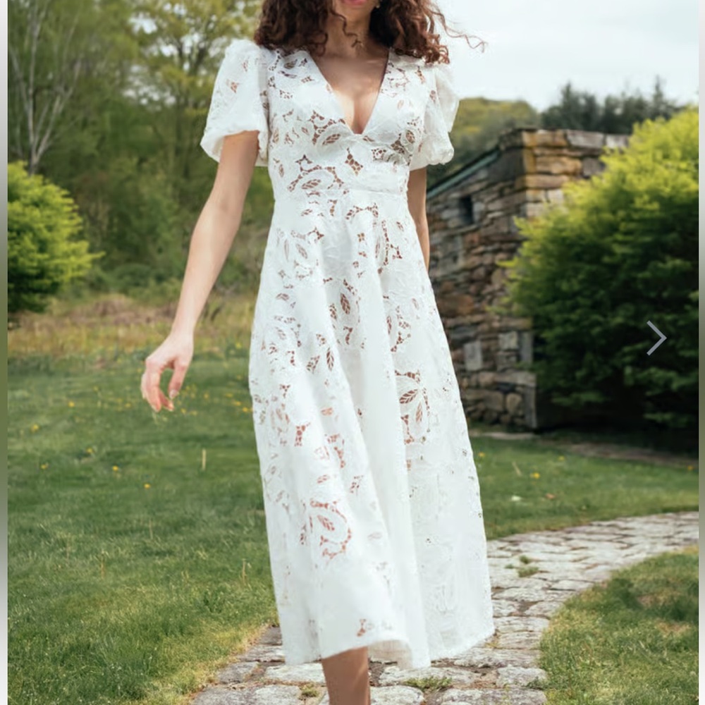 Jenny Yoo Chloe White Floral Lace Midi Dress